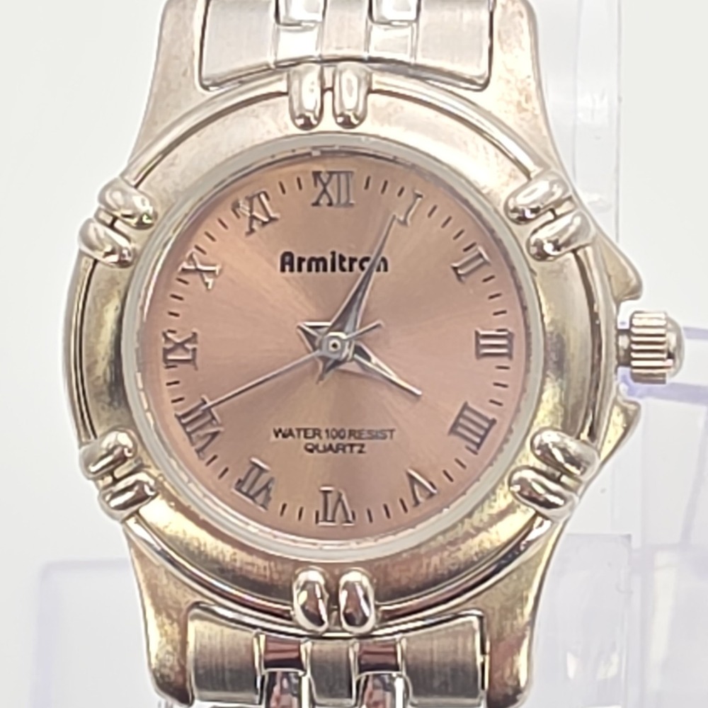 Vtg Ladies ARMITRON‎ Watch Pink Dial Stainless Steel New Battery FREE $HIPPING!!